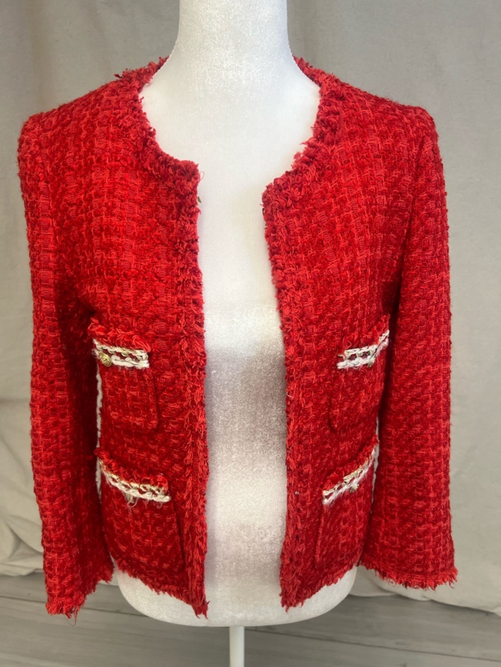 Zara Red Tweed Fantasy Fabric Blazer Jacket A455 Gold Buttons Sz S French Girl - Picture 3 of 10